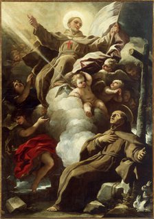 Saint John of Capistrano in glory appears to Saint Peter of Alcantara, 1690s. Creator: Giordano, Luca (1632-1705).