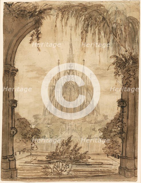 Gothic Cathedral Behind a Pond with Swans, 1810/15. Creator: Karl Friedrich Schinkel.