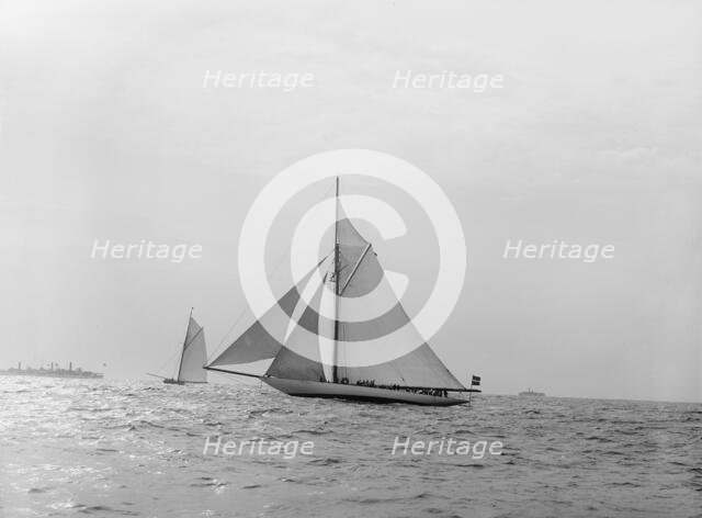 Valkyrie II and Vigilant, turning mark in last race, 1893 Oct 13, c1893. Creator: John S Johnston.