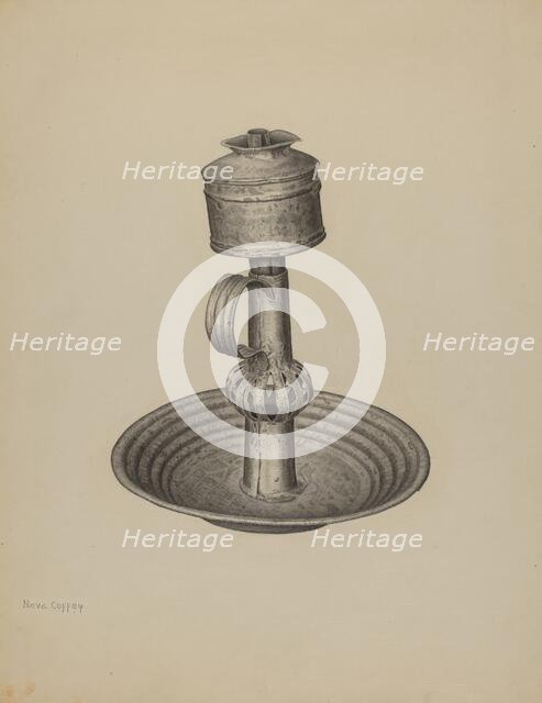 Whale Oil Peg Lamp and Stand, c. 1940. Creator: Neva Coffey.