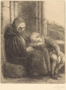 Woman Seated against a Wall, Child with His Head in Her Lap (Femme assise, muraille...). Creator: Alphonse Legros.