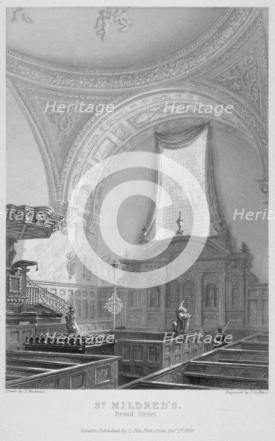 Interior of the Church of St Mildred, Bread Street, City of London, 1838. Artist: John Le Keux