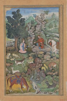 Bahram Gur Sees a Herd of Deer Mesmerized by Dilaram' s Music, Folio from..., 1597-98. Creator: Miskin.
