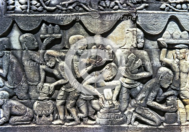 Relief showing an everyday scene in the temples of Angkor Thom in Cambodia.