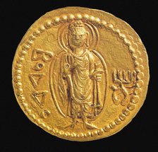 Gold Coin, Kushan. Reverse: in Bactrian script Buddha (boddo), 127-150. Creator: Numismatic, Ancient Coins  .