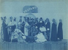 Pageant participants costumed as Pilgrims and Natives, posed beneath a banner "En..., c1880 - 1900. Creator: Frances Benjamin Johnston.