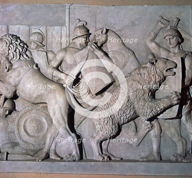 Roman relief of gladiators fighting wild beasts., 1st century. Artist: Unknown