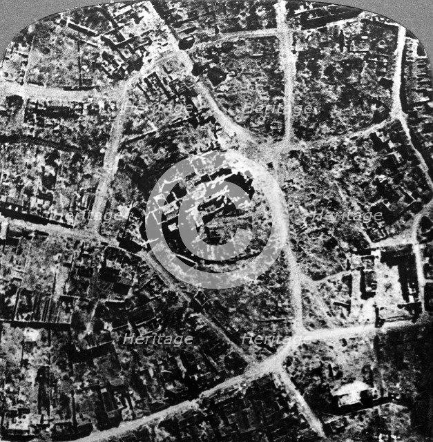 Aerial view of the ruins of the town and basilica of Albert, France, World War I, 1914-1918.Artist: Realistic Travels Publishers