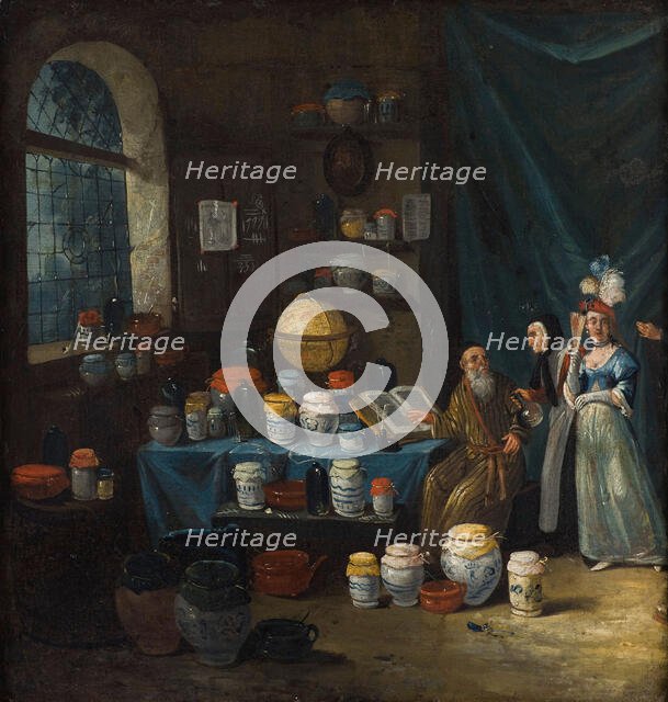 A philosopher in his study, consulted by an old woman to determine from a flask of urine, 1680-1799. Creator: Egbert van Heemskerck I.