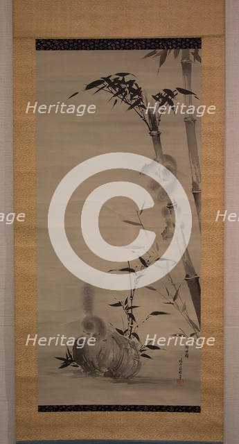 Squirrels on Bamboo and Rock, 19th century. Creator: Kano Osanobu.