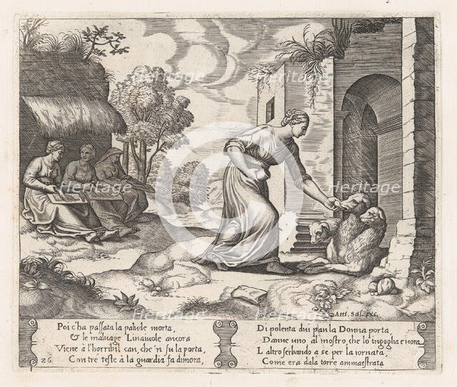 Plate 26: Psyche enters the underworld giving an offering to Cerberus, with two elderly..., 1530-60. Creator: Master of the Die.
