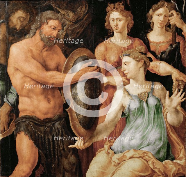 Vulcan hands Thetis the shield for Achilles.