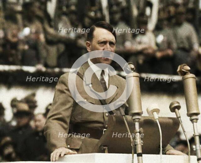Adolf Hitler Giving a Speech, 1930s. Creator: British Pathe Ltd.