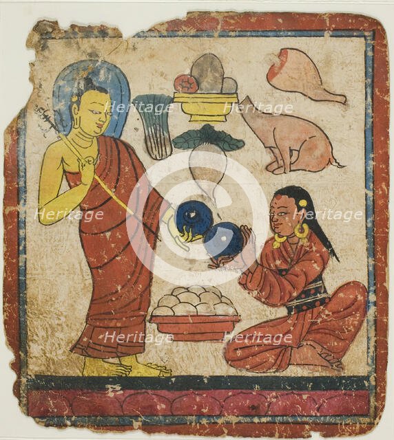 Lady Offering Food to a Monk, From a Set of Initiation Cards (Tsakali), 14th/15th century. Creator: Unknown.