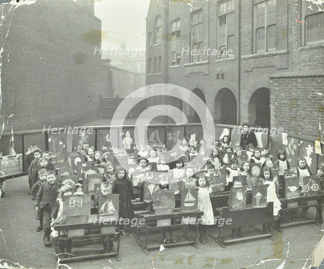 Children displaying their drawings, Flint Street School, Southwark, London, 1908. Artist: Unknown.