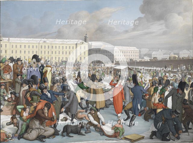 Ice skating in the frozen harbor of the Wiener Neustadt Canal, 1805. Creator: Opiz, Georg Emanuel (1775-1841).