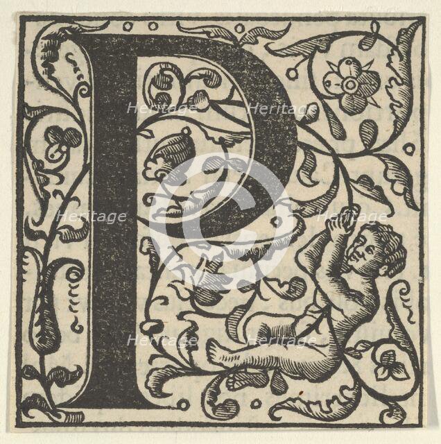 Initial letter P with putto, mid-16th century. Creator: Unknown.