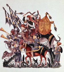 Standard bearers, drummers and trumpeters of a Saracen army, 13th century. Artist: Unknown