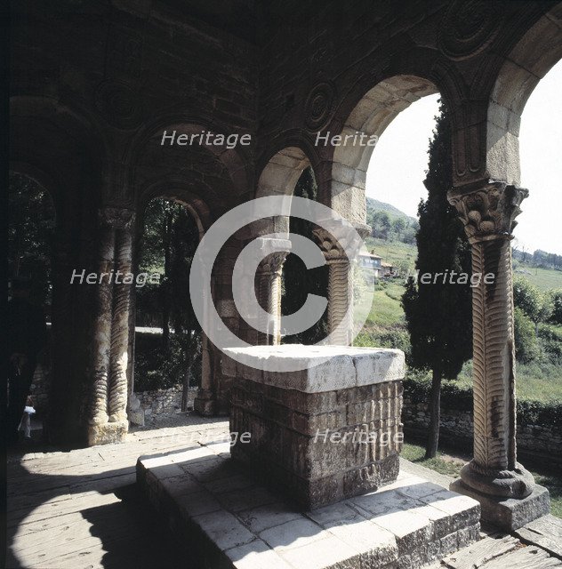 View of the altar in the façade of the east side of Santa Maria de Naranco, previously it was in …