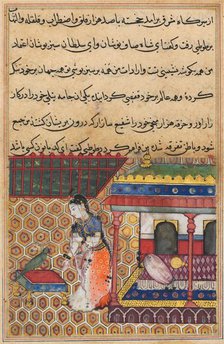 Page from Tales of a Parrot (Tuti-nama): Thirty-eight night: The parrot addresses Khujasta…,c1560. Creator: Unknown.