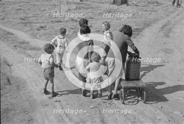 Children of migratory workers, hauling water, American River camp, San Joaquin Valley, CA, 1936. Creator: Dorothea Lange.