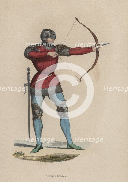 French archer, engraving, 1845, copy of a miniature of Froissart Chronicles.