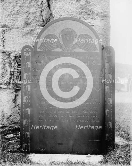 Gravestone of first man killed in Revolutionary War, Westminster, Vt., c.between 1900 and 1910. Creator: Unknown.
