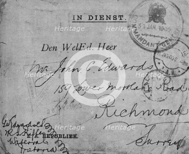 'Envelope addressed by Colour-Sergeant Edwards, 2nd Royal Irish Rifles', 1900. Artist: Unknown.