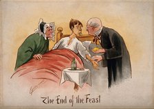 A patient poking out his tongue and having his pulse taken by a physician, c1895. Creator: Martin Anderson.