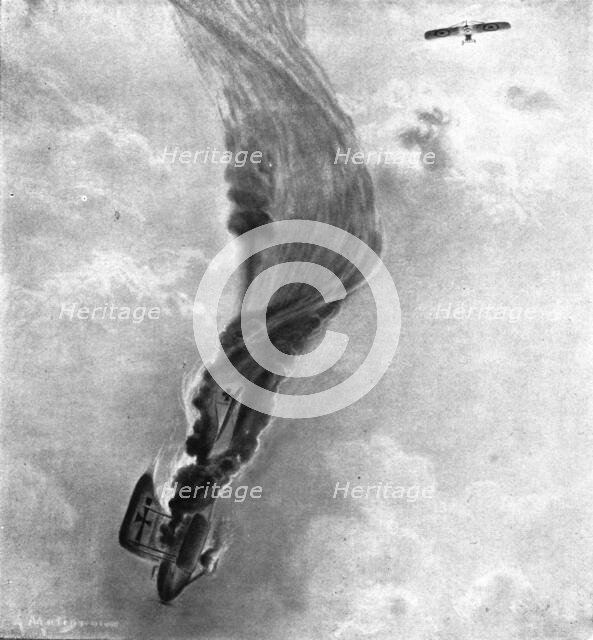 ''Ceux de l'air et ceux de la route; Un Aviatik, abattu par Garros 1er avril 1915, desend..., 1915. Creator: Matignon.