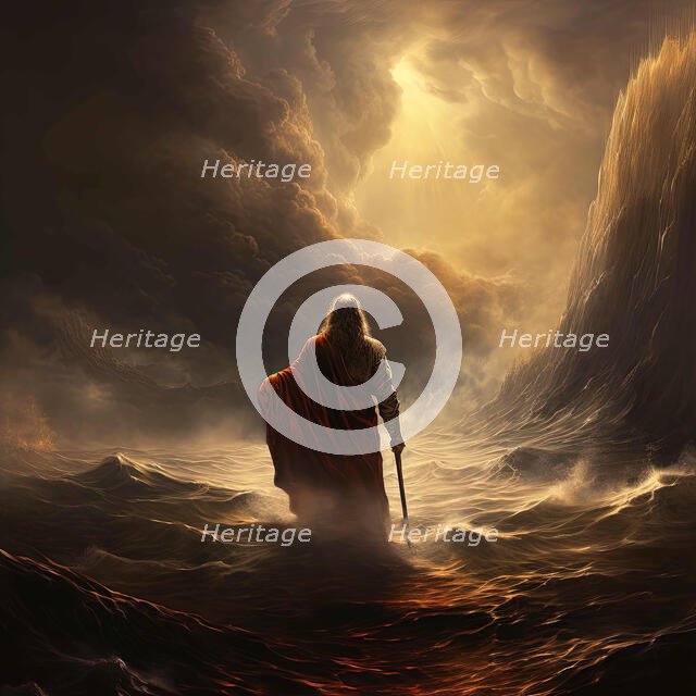 AI IMAGE - Illustration of Moses parting the Red Sea, 2023. Creator: Heritage Images.