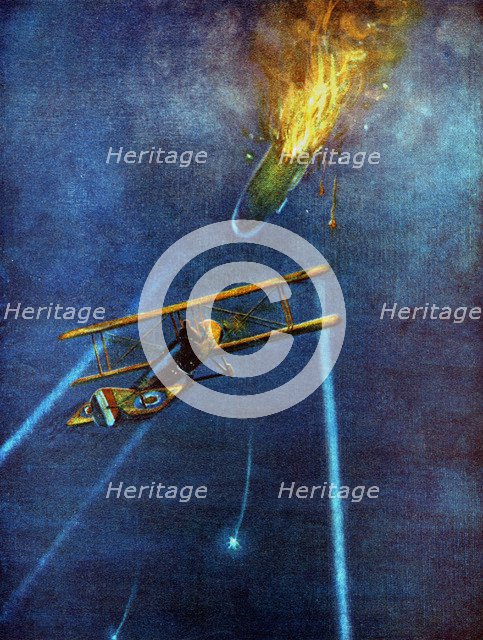 Zeppelin airship shot down at Cuffley, near Enfield, during bombing raid on London, 1916. Artist: Unknown