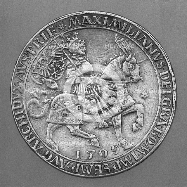 Emperor Maximilian I on Horseback. Thaler Coin from Hall. Artist: Ursentaler, Ulrich, the Elder (active 1508-1535)