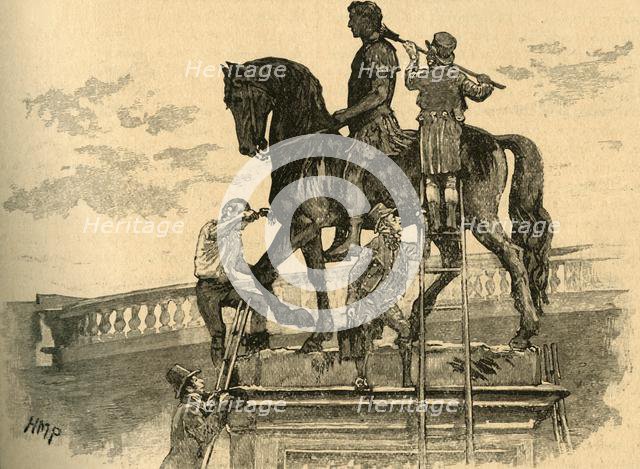 Painting the statue of King William III black, Dublin, Ireland, 1821 (c1890). Creator: Unknown.