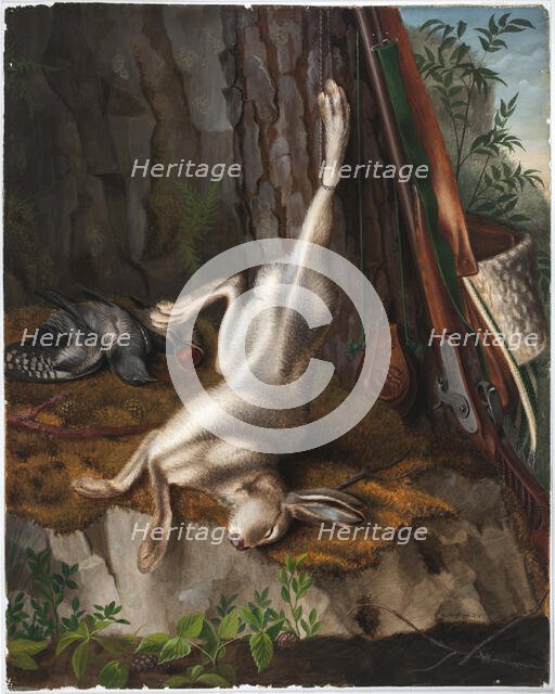 Shot Hare and Hunting Equipment, 1834. Creator: Wilhelm von Wright.