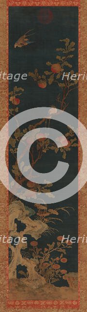 Tapestry: birds, peach-tree, rocks, and flowers on a blue ground, Qing dynasty, 1644-1911. Creator: Unknown.