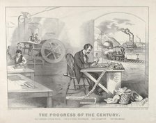 The Progress of the Century - The Lightning Steam Press. The Electric Telegraph. The Locom..., 1876. Creators: Nathaniel Currier, James Merritt Ives, Currier and Ives.