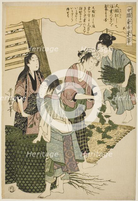 No. 5 (go), from the series "Women Engaged in the Sericulture Industry (Joshoku kaiko...c.1798/1800. Creator: Kitagawa Utamaro.