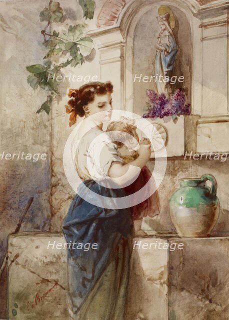 Young Woman with Baby Beside Wall, 19th century. Creator: Edouard de Beaumont.
