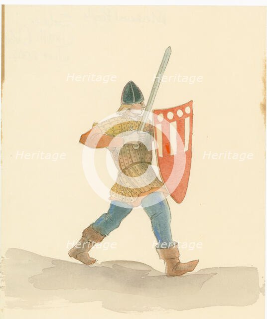 A medieval soldier carrying a long sword in his right hand and a shield in his left, 2004. Creator: Judith Dobie.