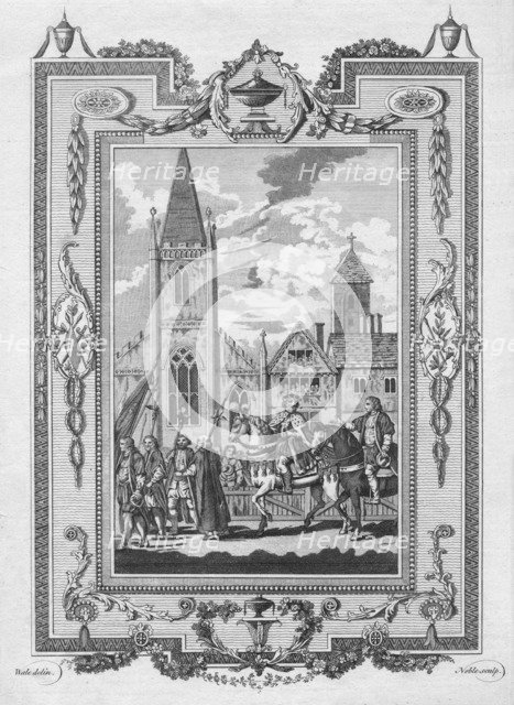 'Edward the Black Prince (eldest Son of Edward III) conducting the King of France his Prisoner throu Artist: George Noble.