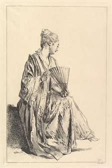 Femme assise, de profil à droite, jouant de l'eventail, 1720-70. Creator: Francois Boucher.