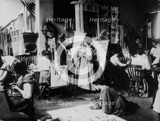 Suffragettes making banners for the procession to Hyde Park on 23rd July 1910. Artist: Unknown
