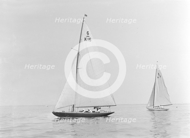 The 6 Metre class 'Jean' and 'Victoria' sailing in light winds, 1922. Creator: Kirk & Sons of Cowes.