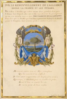 Escutcheon with a Landscape; Three Emblems for Louis XIV, about 1663-1668. Creator: Jacques Bailly.