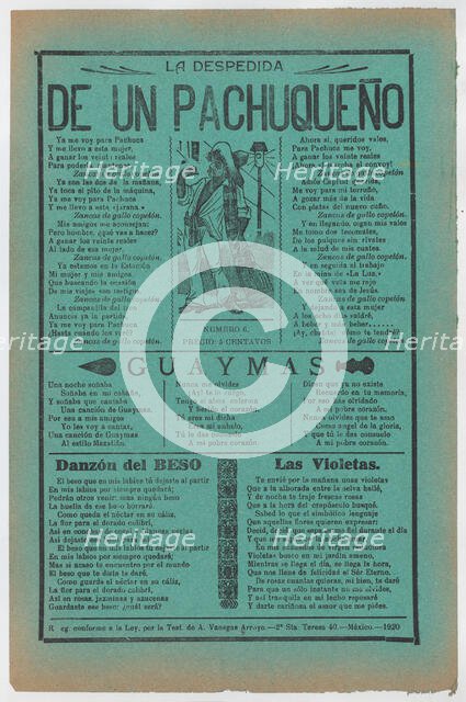 Broadsheet with love songs, man wearing a sarape standing in the street, c..., ca. 1920 (published). Creator: José Guadalupe Posada.