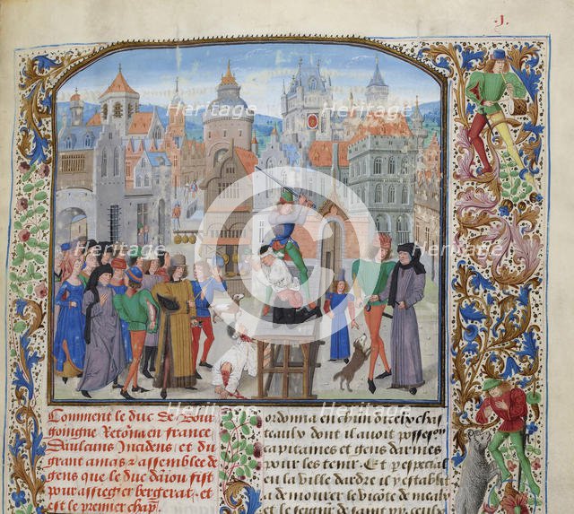Execution of Guillaume Sanche IV de Pommiers, viscount of Fronsac in Bordeaux in 1375, ca 1470-1475. Creator: Liédet, Loyset (1420-1479).