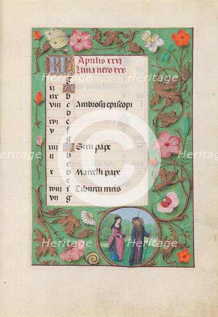 Hours of Queen Isabella the Catholic, Queen of Spain: Fol. 5r, April - Squire and Damsel, c. 1500. Creator: Master of the First Prayerbook of Maximillian (Flemish, c. 1444-1519); Associates, and.