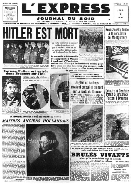 Hitler is Dead, front page of L'Express newspaper, 3 May 1945. Artist: Unknown