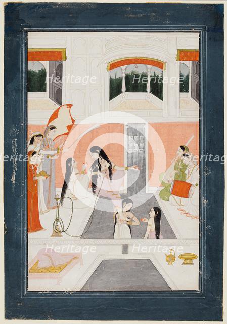 A lady at her toilette listens to music by the side of a palace water cascade, c. 1780. Creator: Unknown.